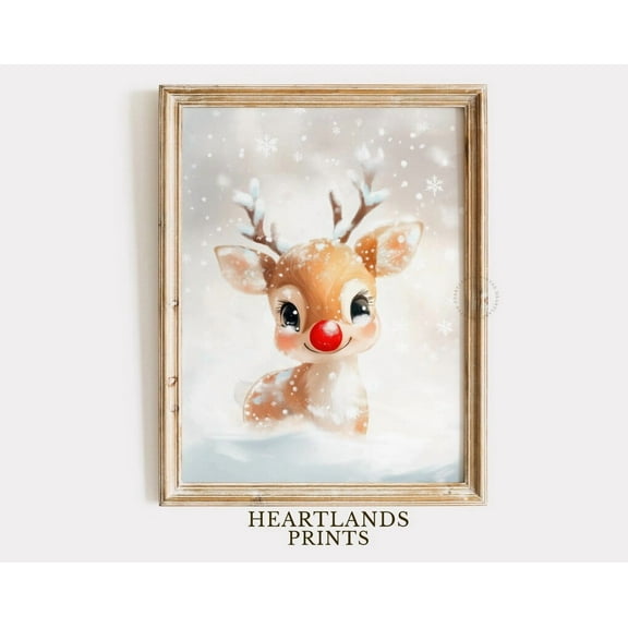Kna Prints - 1 Pc Poster Christmas Reindeer Art Printable Wall Art, White & Red Rudolph Painting, Christmas Holiday Decor, Vintage Christmas Character Holiday Print, UNFRAMED-8x12