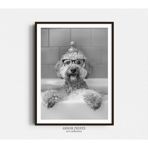 Kna Prints - 1 Pc Poster Cockapoo Bath Wall Art, Dog And Rubber Duck Bath Tub, Black And White Print, Dog Owner Gift, Fny Dog , Bathroom Wall Decor , UNFRAMED-12x18