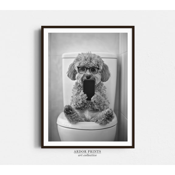 Kna Prints - 1 Pc Poster Cockapoo Sitting On Toilet Wall Art, Dog On Phone, Black And White Print, Dog Owner Gift, Trendy Fny Dog Art, Bathroom Wall Decor , UNFRAMED-24x36