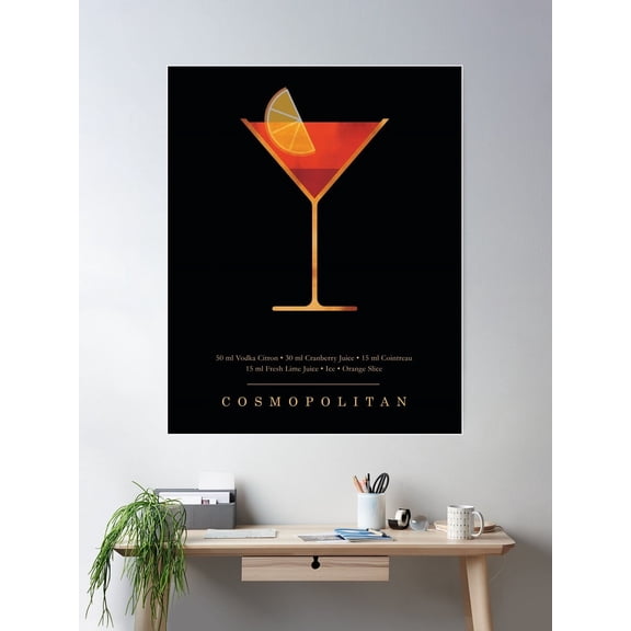 Kna Prints - 1 Pc Poster Cosmopolitan Cocktail Classic Cocktails Series Black And Gold Modern, Minimal Decor, UNFRAMED-12x18
