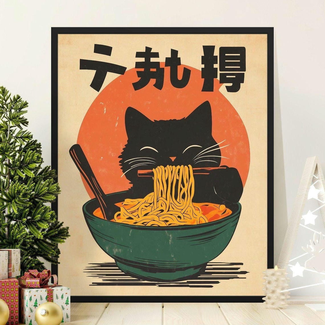 Kna Prints - 1 Pc Poster Cute Black Cat Eating Noodles Ramen Bowl ...
