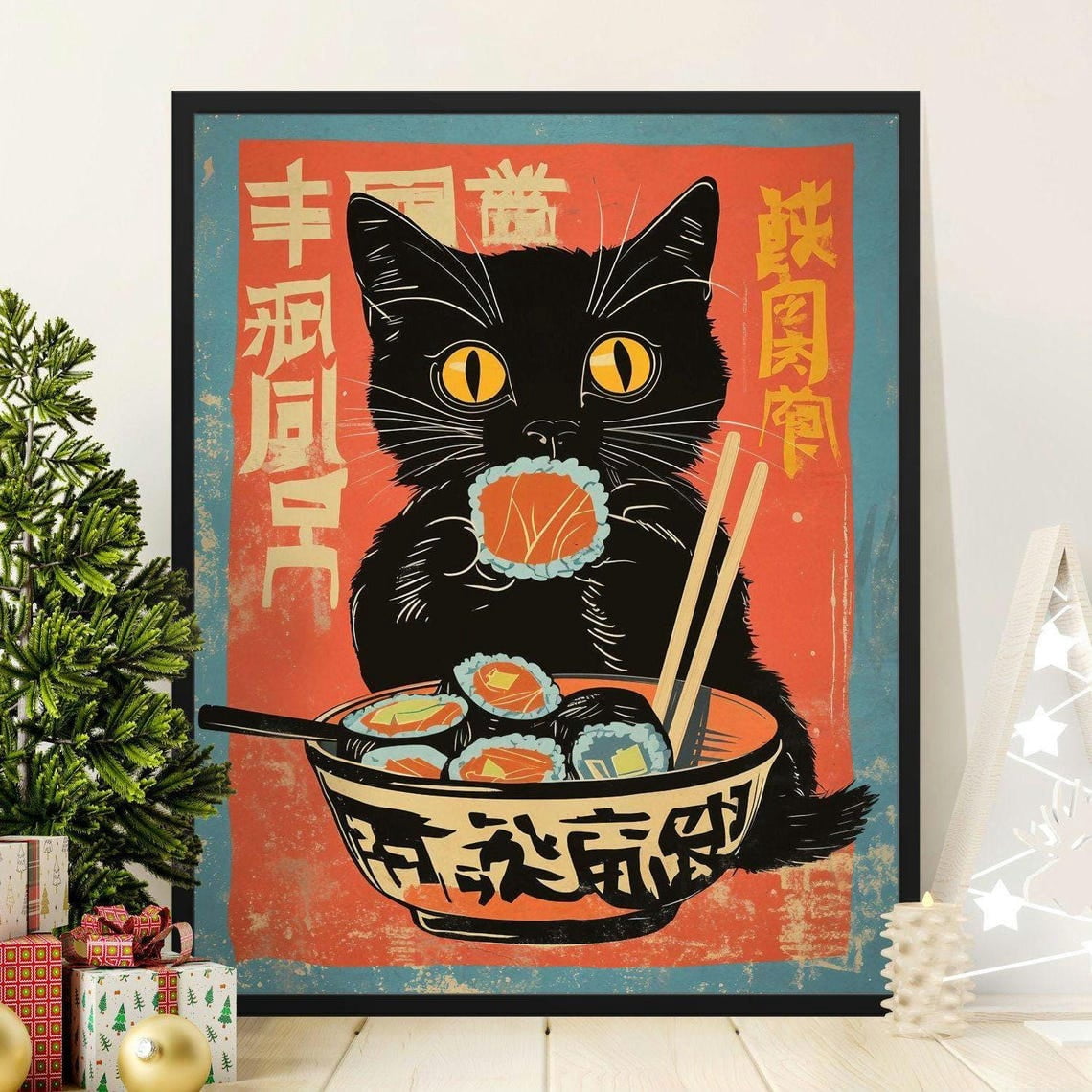Kna Prints - 1 Pc Poster Cute Black Cat Eating Sushi Retro Japanese Art ...