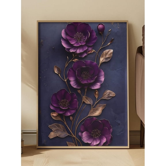 Kna Prints - 1 Pc Poster Elegant Deep Purple Floral Wall Art Luxury Botanical With Gold Accents, Printable Flower Artwork, Dark Navy Backgrod Decor For Living Room Bedroom,, UNFRAMED-24x36