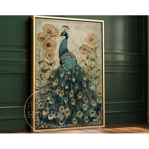 Kna Prints - 1 Pc Poster Enchanted Peacock Wall Art Print Large Wall Art Gold Floating Frame Wall Art Decor Bird Maximalist Muted Colours, UNFRAMED-8x12