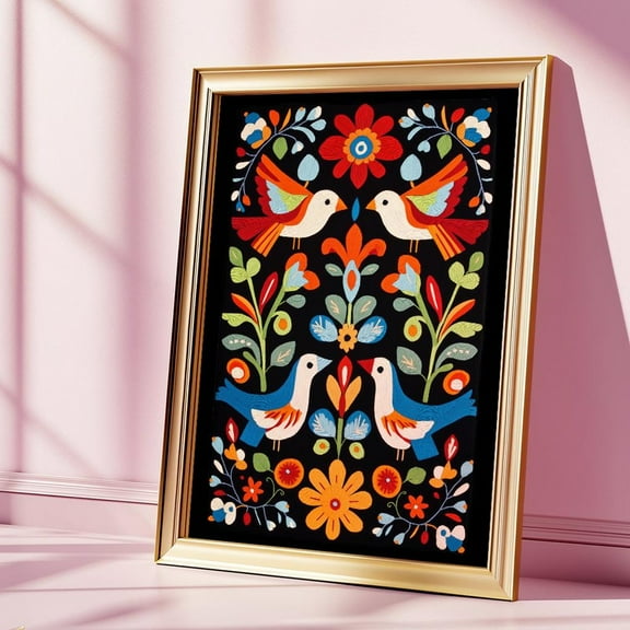 Kna Prints - 1 Pc Poster Flower Folk Art Print, Vintage Mexican , Traditional Latin Decor, Mexican Birds Print, Flower Market Boho Home Decor, UNFRAMED-8x12