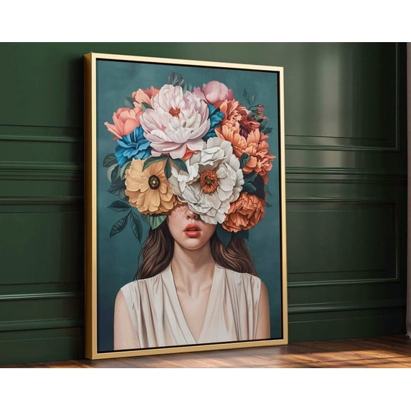 Kna Prints - 1 Pc Poster Flower Head Girl Print, Flower Hair Woman Portrait Print, Emerald Green Abstract Art Print For Home, Elegant Feminine Beauty Artwork, UNFRAMED-8x12