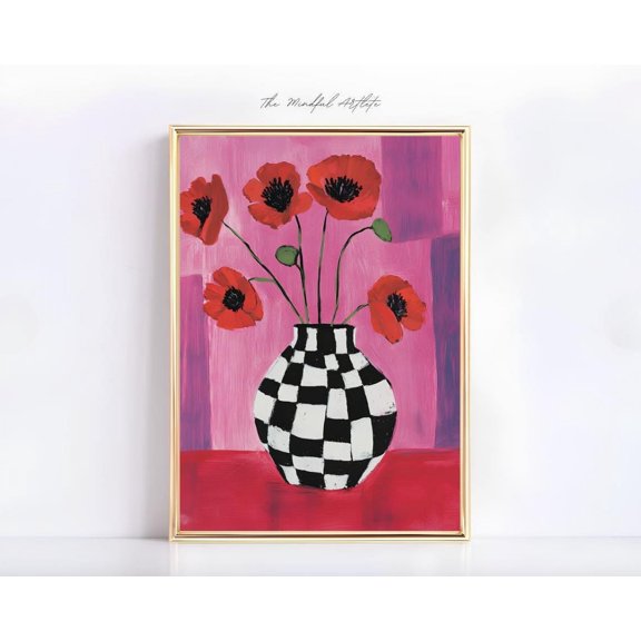 Kna Prints - 1 Pc Poster Flower Vase Print Red Poppies Striped Art Print Pink Color Block Print Checkered Vase Print Eclectic Contemporary Art, UNFRAMED-16x24