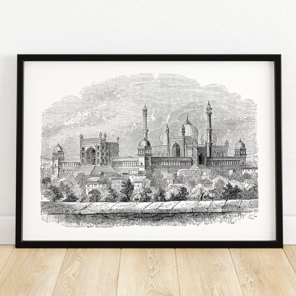 Kna Prints - 1 Pc Poster Grand Mosque At Delhi, India Architectural Illustration Historical Wall Art Ique Home Decor, UNFRAMED-24x36