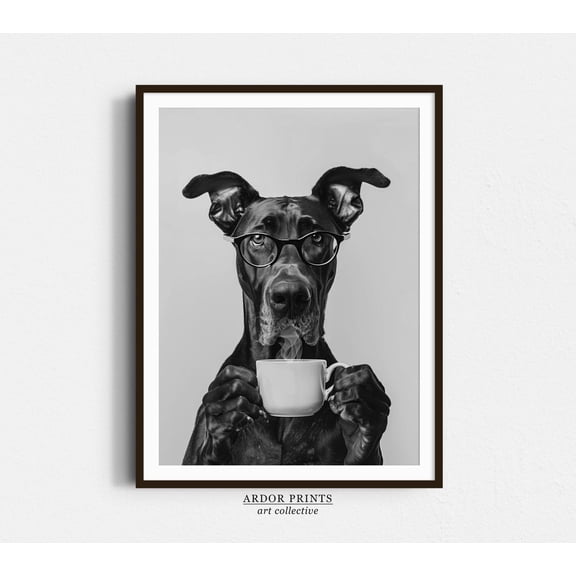 Kna Prints - 1 Pc Poster Great Dane And Coffee Wall Art, Black And White Print, Coffee Lover Print, Dog Gift, Fny Dog , Coffee Bar Art, Kitchen Wall Decor , UNFRAMED-24x36