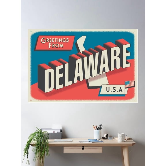 Kna Prints - 1 Pc Poster Greetings From Delaware Retro Travel Postcard Design With State Map And Patriotic American Flag, UNFRAMED-8x12