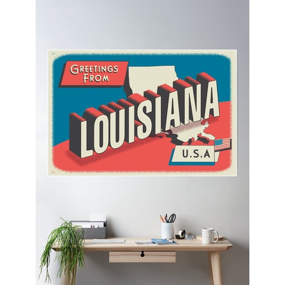 Kna Prints - 1 Pc Poster Greetings From Louisiana Retro Travel Postcard Design With State Map And Patriotic American Flag, UNFRAMED-8x12