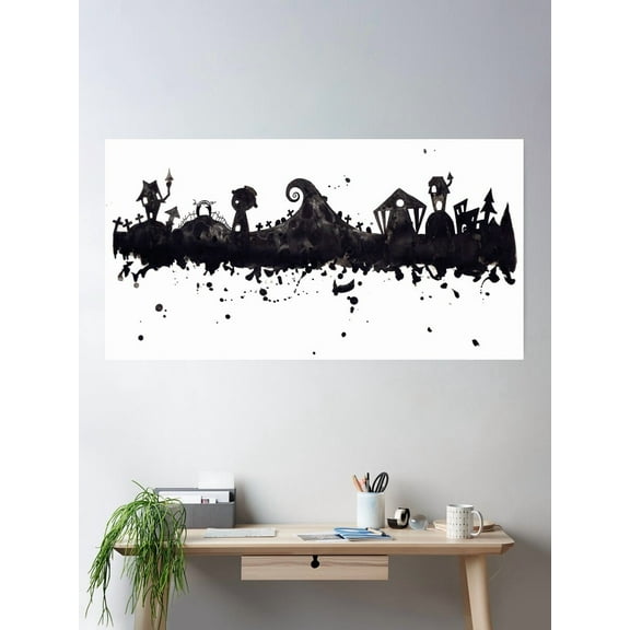 Kna Prints - 1 Pc Poster Halloween Town Nightmare Before Christmas Inspired Watercolor Skyline, UNFRAMED-8x12