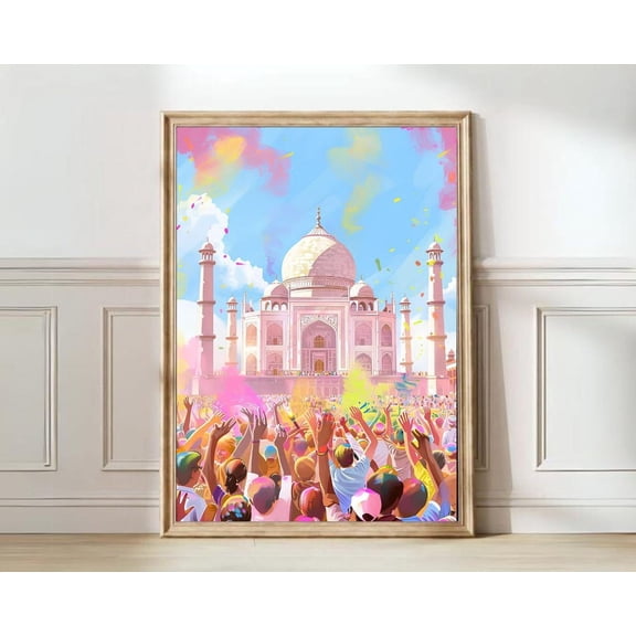 Kna Prints - 1 Pc Poster India Print India Illustration Taj Mahal Print Taj Mahal Holi Print India Travel India Painting India Gift Travel Gallery , Decor For Living Room Bedroom,, UNFRAMED-12x18