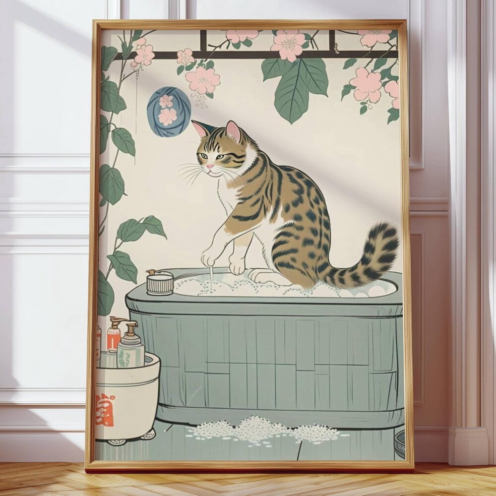 Kna Prints - 1 Pc Poster Japandi Wall Art, Funny Bathroom, Cat Japan ...