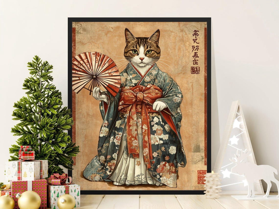 Kna Prints - 1 Pc Poster Japanese Cat Art Print, Vintage Kimono Cat ...