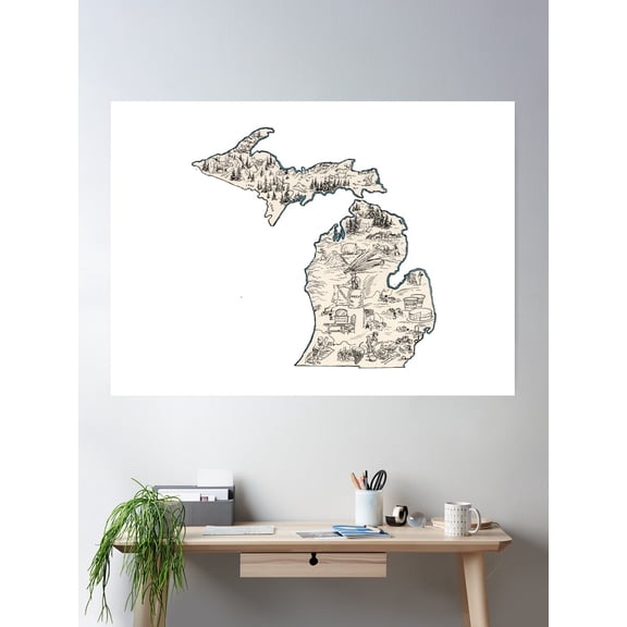 Kna Prints - 1 Pc Poster Michigan Vintage Picture Map, UNFRAMED-12x18