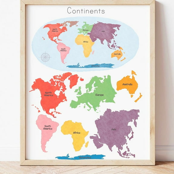 Kna Prints - 1 Pc Poster Montessori World Map Wall Art Continents Educational Poster Watercolor Homeschool Classroom Nursery Prints Rainbow Printable Kids Room Decor, UNFRAMED-24x36