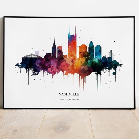 Kna Prints - 1 Pc Poster Nashville Watercolour Skyline Nashville Cityscape Nashville Home Décor Wall Art Nashville Nashville Skyline Watercolor, UNFRAMED-12x18