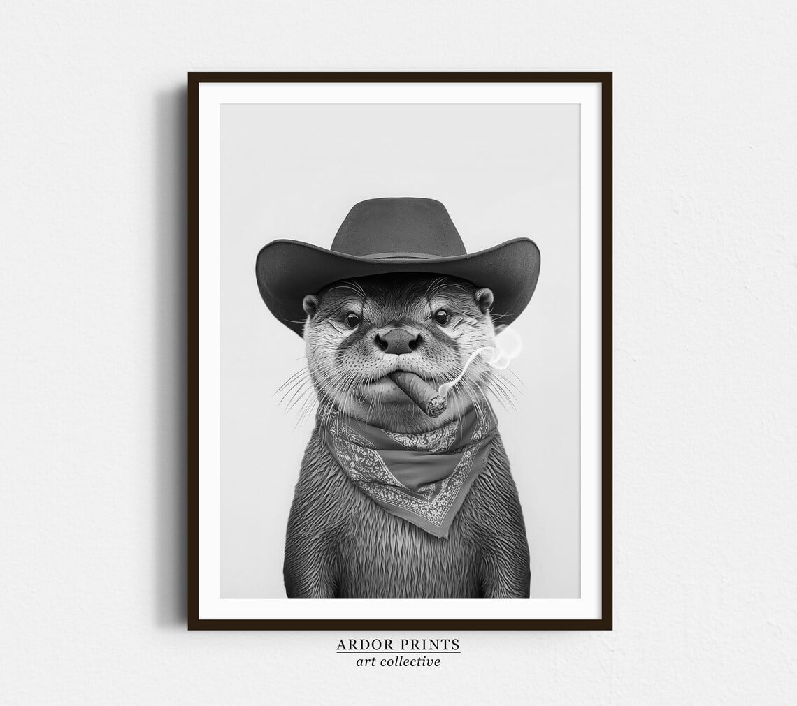 Kna Prints - 1 Pc Poster Otter Cowboy Wall Art, Western Print, Black ...