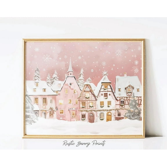 Kna Prints - 1 Pc Poster Pink Winter Christmas Village Art Print Wall Art Holiday Trendy Christmas Decor Printable , UNFRAMED-8x12