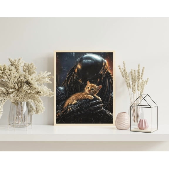 Kna Prints - 1 Pc Poster Predator Alien With Jonesy Cat Art Print, Cute Horror For Sci-Fi Fans, F Alien And Cat Illustration, Quirky Gift For Fans Of Aliens, UNFRAMED-24x36