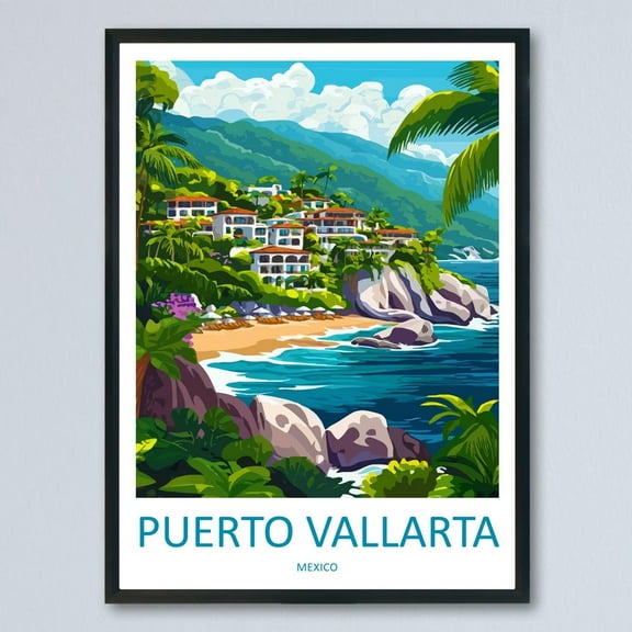 Kna Prints - 1 Pc Poster Puerto Vallarta Cartoon Travel Poster Mexico Wall Art Coastal Tropical Illustration Beach Decor Vallarta Souvenir Gift, UNFRAMED-12x18