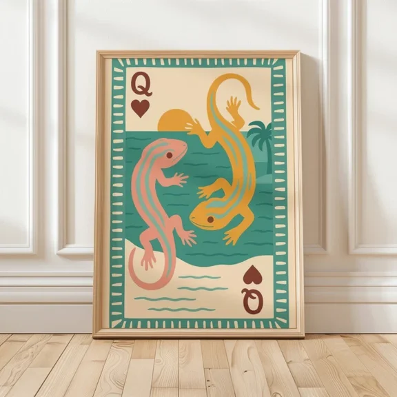 Kna Prints - 1 Pc Poster Queen Of Hearts Lizards Art Print | Playing Card Wall Decor | Boho Reptile Gift, UNFRAMED-8x12