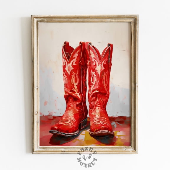 Kna Prints - 1 Pc Poster Red Cowgirl Boots Art, Trendy Western , Preppy Cowboy Boots Painting, Fky Maximalist Decor, Dorm Room Girly Aesthetic Wall Art, UNFRAMED-16x24