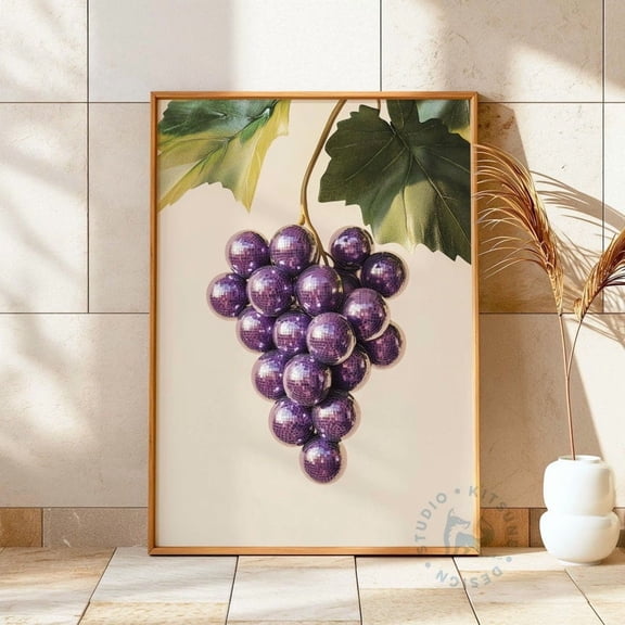Kna Prints - 1 Pc Poster Retro Grapes Disco Ball Wall Art, Kitchen Print, Bar , Fky Food Home Decor, Preppy Fruit Art, Digital Print, House Gift, Vintage Art Wall Art, UNFRAMED-16x24