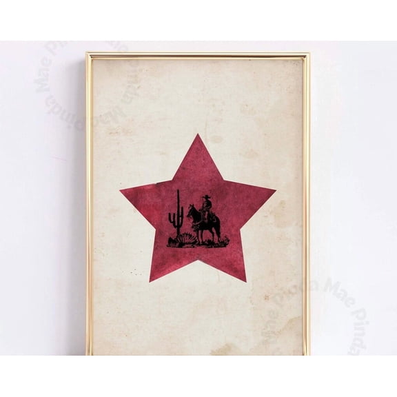 Kna Prints - 1 Pc Poster Retro Western Cowboy Print, Vintage Southwest Wall Art, Americana Cowboy Silhouette , Rustic Red Star Painting, Vintage Cowgirl Print, UNFRAMED-8x12