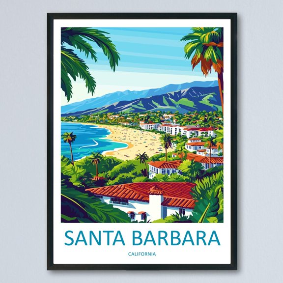 Kna Prints - 1 Pc Poster Santa Barbara Travel Poster California Wall Art Coastal City Oceanfront Illustration Mountain View Decor Santa Barbara Gift, UNFRAMED-8x12