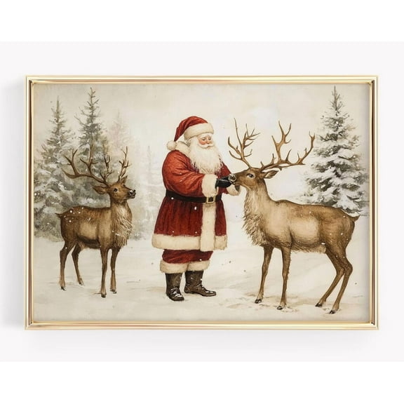 Kna Prints - 1 Pc Poster Santa With Reindeer Vintage Christmas Painting Rustic Christmas Wall Art Farmhouse Christmas Decor Neutral Winter Holiday Decor Xmas Print, UNFRAMED-8x12