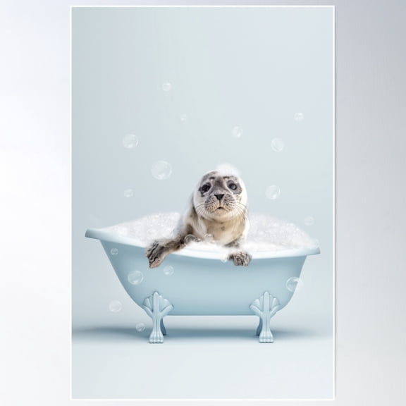 Kna Prints - 1 Pc Poster Seal In Bath, Baby Animal In Bathtub With Bubbles, Kids Bathroom Print, Blue, UNFRAMED-8x12