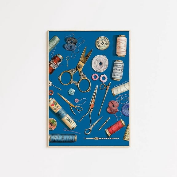 Kna Prints - 1 Pc Poster Sewing Room Art Print Vintage Flat Lay Sewing Supplies Wall Art, Thread And Scissors Craft Room Decor For Quilters And Makers, UNFRAMED-8x12