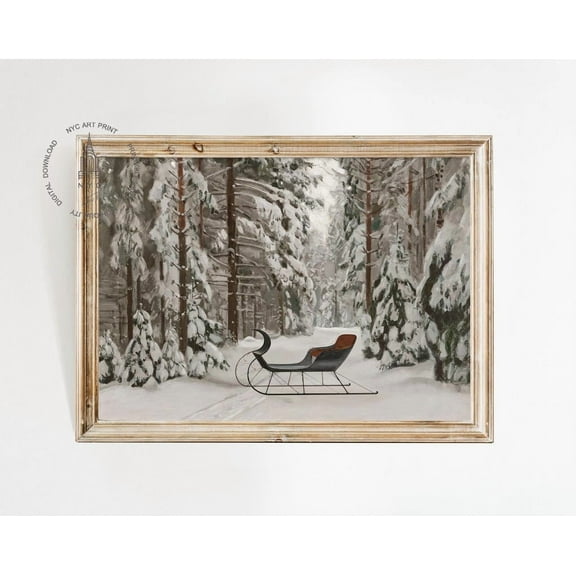 Kna Prints - 1 Pc Poster Sleigh Print, Winter Forest Print, Vintage Christmas Printable Wall Art, Winter Decor, Winter Scene Art, Christmas Sleigh Painting, UNFRAMED-8x12