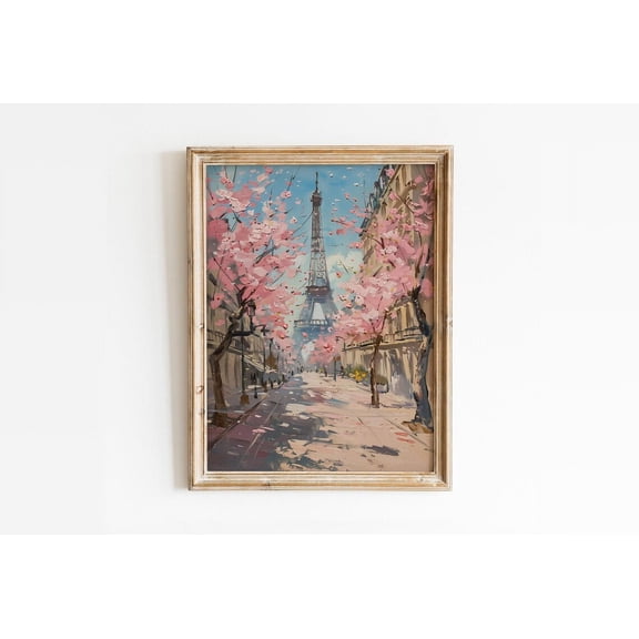 Kna Prints - 1 Pc Poster Spring In Paris Wall Art, Cherry Blossem Tree Print, Preppy Parisian Decor, Girly Eiffel Tower , Pink Paris Wall Art, UNFRAMED-8x12