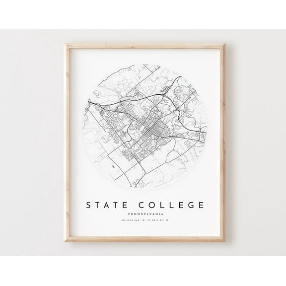 Kna Prints - 1 Pc Poster State College Map Print, State College Map City Wall Art, Pa Road Map, Pennsylvania Print Street Map Decor, Office Gift, L958V4, UNFRAMED-8x12