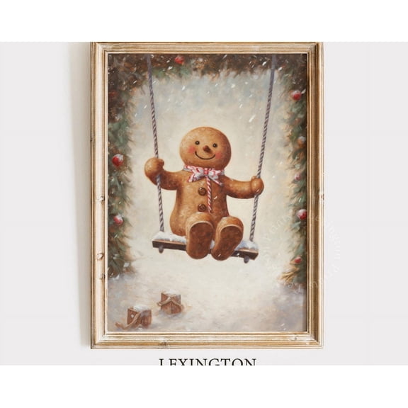 Kna Prints - 1 Pc Poster Swinging Cute Gingerbread Man Wall Art Decor Cottagecore Gingerbread Decor Winter Seasonal Decor 171, UNFRAMED-12x18