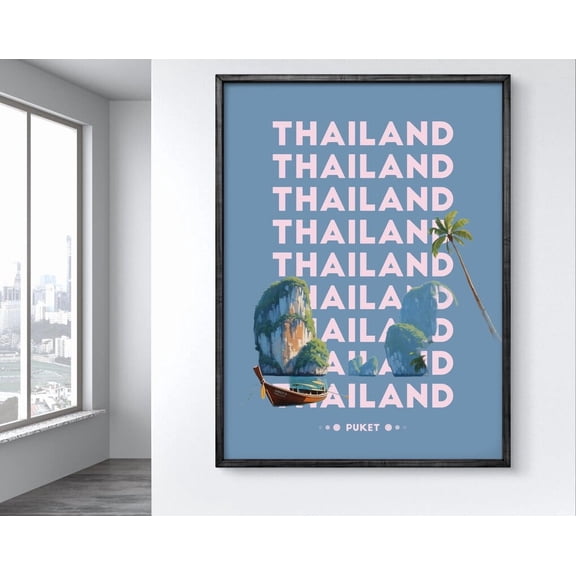 Kna Prints - 1 Pc Poster Thailand , Phuket Wall Art, Tropical Beach Print, Downloadable , Island Decor, Travel Gift Idea With Palm Trees & Longtail Boat, UNFRAMED-8x12