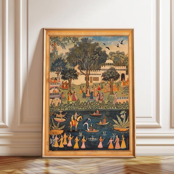 Kna Prints - 1 Pc Poster Traditional Indian Pichwai Village Scene Art Vibrant Cultural Landscape Classic Indian Artwork, UNFRAMED-8x12