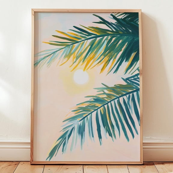 Kna Prints - 1 Pc Poster Tropical Palm Leaf Poster | Relaxing Sunset Art | Beach House Decor | Botanical | Warm Tones Sun Poster | Green And Yellow Coastal Art, UNFRAMED-16x24