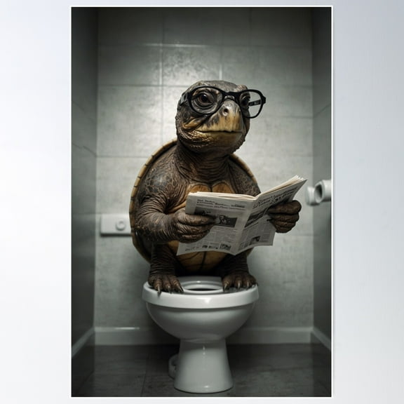 Kna Prints - 1 Pc Poster Turtle Reading Newspaper Bathroom Art, UNFRAMED-8x12