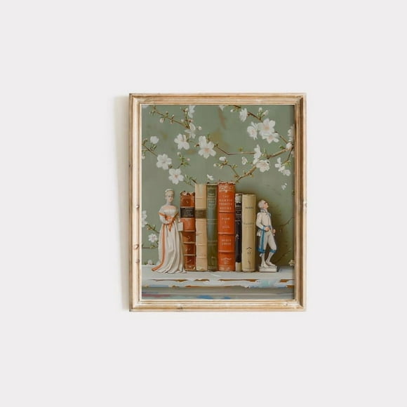Kna Prints - 1 Pc Poster Victorian Bookends Print Antique Book Shelf Wall Art, Vintage Library Decor, Floral Book Lover Gift, Feminine Regency Home Print, UNFRAMED-16x24