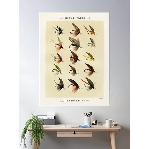 Kna Prints - 1 Pc Poster Vintage Fly Fishing Print Trout Flies, UNFRAMED-12x18