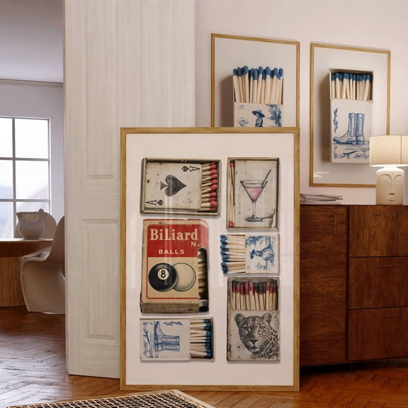 Kna Prints - 1 Pc Poster Vintage Matchbox Collage, Trendy Wall Art With Retro Aesthetic, Martini, Leopard, 8 Ball Print, Blue Chinoiserie Wall Art Western Decor, UNFRAMED-16x24