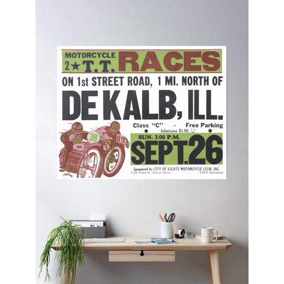 Kna Prints - 1 Pc Poster Vintage Motorcycle Races Dekalb, Illinois, UNFRAMED-8x12