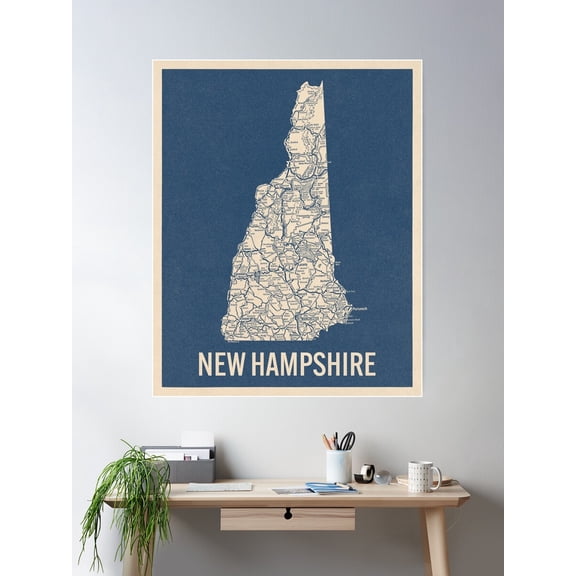 Kna Prints - 1 Pc Poster Vintage New Hampshire Road Map, Blue On Beige #2, UNFRAMED-24x36
