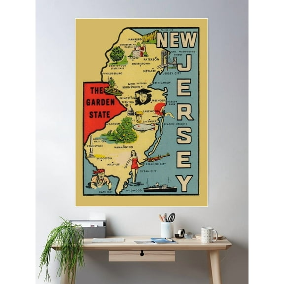 Kna Prints - 1 Pc Poster Vintage New Jersey Map, UNFRAMED-16x24