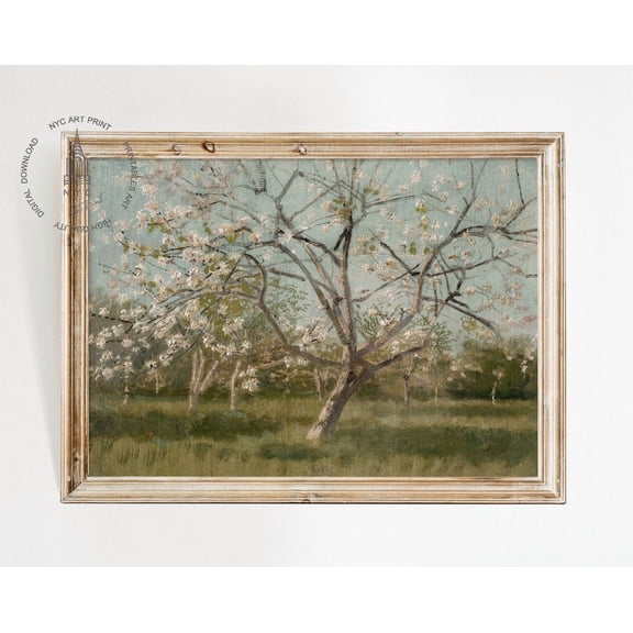 Kna Prints - 1 Pc Poster Vintage Spring Landscape Print, Vintage Cotry Printable, Cottage Farmhouse Painting, Blooming Trees Painting, Spring Decor, UNFRAMED-8x12