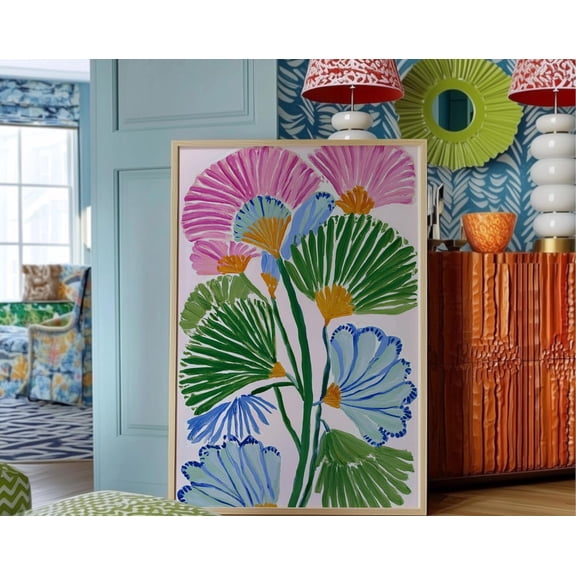 Kna Prints - 1 Pc Poster Wall Art Colorful Palm Leaf Art, Floral Wall Art, Whimsical Tropical Floral , Dopamine Maximalist Kitchen, Living Room, Bedroom Decor, UNFRAMED-24x36